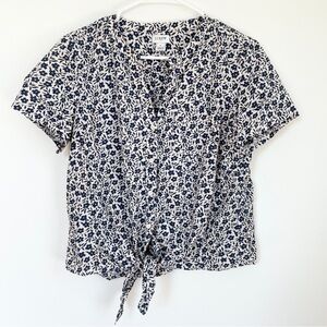 J. Crew Blue and White Puff Sleeve Tie-Front Blouse